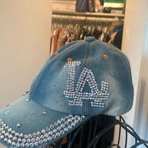 Rhinestone Embellished Blue Denim LA Baseball Cap